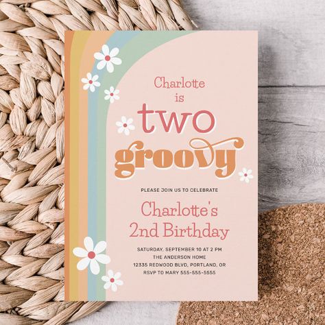 Two Groovy Retro Daisies Girl's 2nd Birthday Invitation 4th Birthday Invitation, Birthday Second, Groovy One, 92nd Birthday, Two Groovy, Birthday Boho, Girls 3rd Birthday, Birthday Party Design, 2nd Birthday Invitations