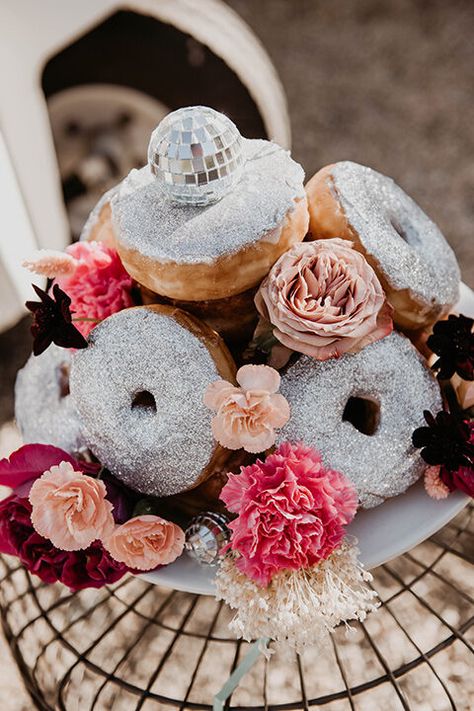 Follow the Call of the Disco Ball to this Funky Boho Wedding! | Friar Tux Donut Wedding, Groovy Wedding, Dessert Tower, Retro Wedding Theme, Disco Wedding, Disco Decorations, Wedding Donuts, Disco Style, Disco Theme