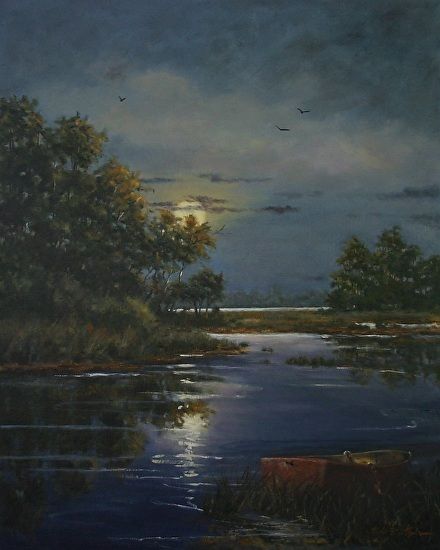 Moon Castings by Paula B. Holtzclaw Oil ~ 30 x 24 Moonlight Painting, Moon Painting, Arte Inspo, Night Painting, Aesthetic Painting, Night Art, Ethereal Art, Classical Art, Oil Painting Landscape