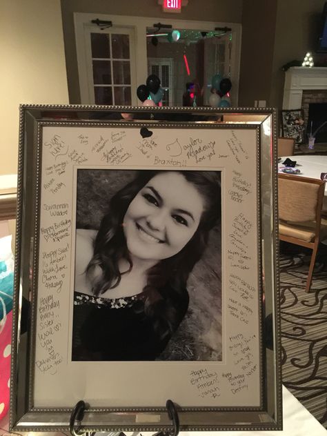 Great way to remember who came to the party. 16x20 frame and 11x14 picture, frame from Michaels. Sweet 16 Picture Collage Ideas, Quince Pictures, Sweet 16 Pictures, 11x14 Picture Frame, Sweet 16 Photos, Unique Framing, Whiskey Lover Gifts, Quinceanera Decorations, 16x20 Frame