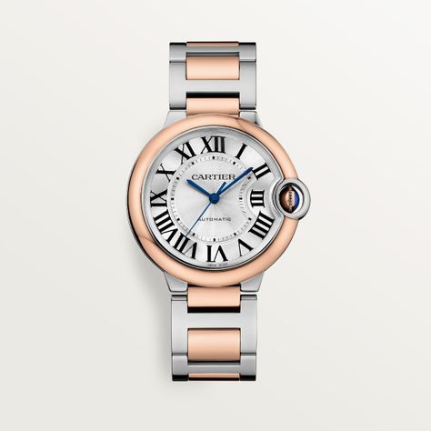 Cartier - Ballon Bleu de Cartier watch - Watch Woman Gold/Steel - Ballon Bleu de Cartier watch, 36 mm, mechanical movement with automatic winding. Steel case, rose gold 750/1000 bezel, rose gold 750/1000 fluted crown set with a cabochon synthetic spinel. Silver guilloché dial. Blued-steel sword-shaped hands. Sapphire crystal. Two-tone interchangeable bracelet. Thickness: 12.1 mm. Water-resistant up to 3 bar (approx. 30 meters/100 feet). Interchangeable Bracelet, Women's Watch Bands, Gold Watches Women, Cartier Ballon Bleu, Cartier Watch, Mechanical Movement, Stainless Steel Watch, Perm, Watch Brands