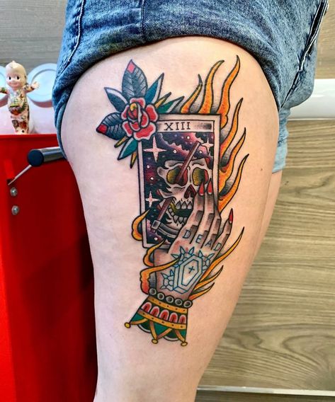 American Traditional Tarot Card, American Traditional Tarot, Traditional Tarot Card Tattoo, Traditional Witch Tattoo, Traditional Leg Sleeve, Traditional Tarot Cards, Wand Tattoo, Tarot Card Tattoo, Club Tattoo