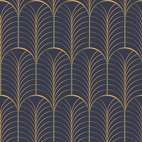 Blue And Gold Art Deco Wallpaper, Modern Art Deco Interior Bathroom, Navy Blue And Gold Wallpaper, Art Deco Interior Bathroom, Peel And Stick Wallpaper Navy, Navy And Gold Wallpaper, Gatsby Wallpaper, Wall Paper Ideas, Gold Textured Wallpaper