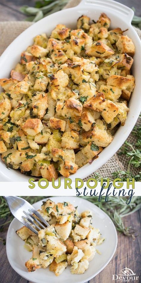 You will love making Homemade Herb Sourdough Stuffing. Fresh ingredients and full of flavor makes this recipe delish, right next to Grandma's recipe. Made with Sourdough bread cubes, fresh herbs, and sauteed vegetables it's a fun recipe for the holidays. Create memories with your Thanksgiving meal. | sourdough stuffing recipes thanksgiving | sourdough stuffing thanksgiving | sourdough bread stuffing recipe | homemade sourdough stuffing recipe Bread Stuffing Recipes Homemade, Sourdough Stuffing Recipe, Sourdough Stuffing, Holiday Stuffing, Bread Dressing, Homemade Stuffing, Stuffing Recipes For Thanksgiving, Herb Stuffing, Thanksgiving Stuffing