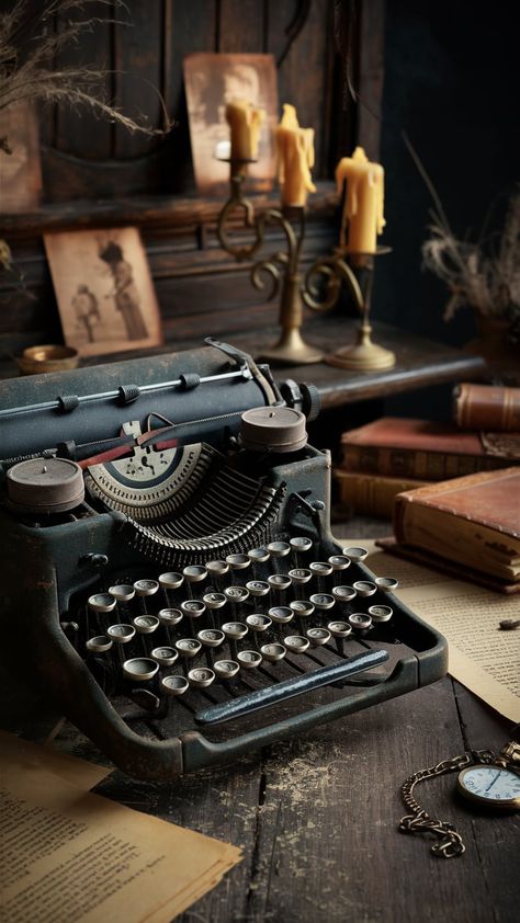 Immerse yourself in a hauntingly beautiful vintage aesthetic scene featuring an old, rustic typewriter as the centerpiece. The typewriter, with its intricate keys and weathered metallic surfaces, exudes a profound sense of history. The dimly lit background reveals an antique wooden desk adorned with faded sepia-toned photographs, ornate brass candle holders with half-melted candles, casting a soft, eerie glow. Scattered around are yellowing pages, worn leather-bound books, and a vintage pocket watch with a delicate chain. This captivating blend of mystery, nostalgia, and muted earthy tones, intertwined with subtle textures of dust and time-worn surfaces, evokes an ambiance that tells tales of yesteryears. Antique Technology, Old Wooden Desk, Melted Candles, Antique Wooden Desk, Leather Bound Books, Vintage Pocket Watch, Yellow Pages, Hauntingly Beautiful, Brass Candle Holders