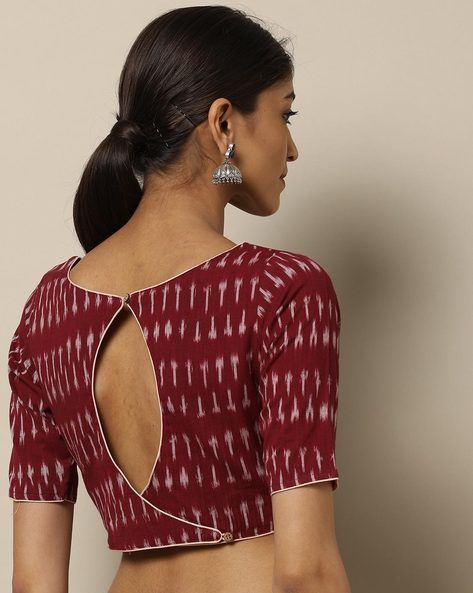 Buy Maroon Blouses for Women by Indie Picks Online | Ajio.com Blouse Neck Designs Indian, Blouses For Sarees, Ikat Blouse Designs, Ikkat Blouse, Blouse Simple, Designs Blouse, Ikat Blouse, Kalamkari Blouse, Cotton Saree Blouse Designs