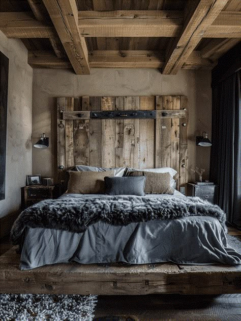 Rustic Bedroom Design: Reclaimed Wood Headboard & Floating Bed Frame Rustic Bed Frame Ideas, Wood Headboard Ideas, Rustic Bedroom Design Ideas, Cozy Rustic Bedroom, Rustic Wood Bed, Rustic Wood Headboard, Rustic Bed Frame, Reclaimed Wood Headboard, Rustic Bedroom Design