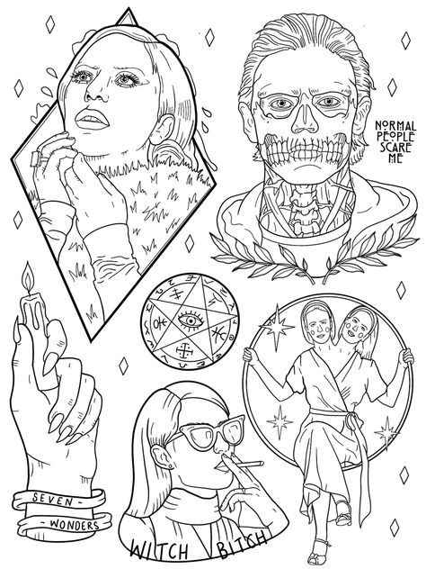 American Horror Story Coloring Pages, American Horror Story Tattoo, Stranger Things Coloring Pages, Horror Coloring Pages, Story Tattoo, Abstract Tattoo Ideas, Colouring Pictures, Procreate Tips, Jade West