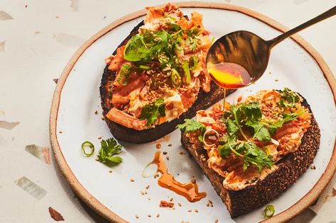 Kimchi Toast recipe | Epicurious.com Kimchi Recipes, Avocado Recipes Breakfast, English Muffin Bread, Bon Appetite Recipes, 30 Min Meals, Muffin Bread, K Food, Pan Recipes, One Pan Meals