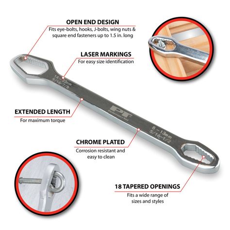 Universal Double Box Wrench Self-Tightening wrench features a total of 18 tapered openings to fit a wide range of fasteners. Wrench, Tools, Range