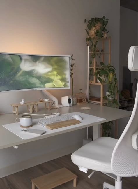 All White Desk Setup, Beige Pc Setup, Open Home Office, Japandi Desk Setup, White Desk Setup, Small Game Rooms, Cozy Desk, Study Desk Decor, Gamer Room Decor