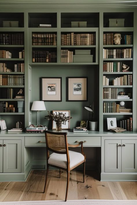 Minimalist Eclectic Home, Dark Gallery Wall, Masculine Home Office Ideas, Home Library Office, Masculine Home Office, Office Layout Ideas, Masculine Home, Library Rooms, Built In Bookshelves