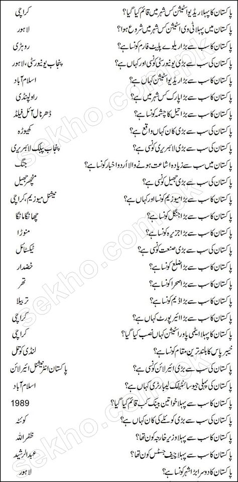 Pakistan General Knowledge Mcqs With Answers in Urdu so now the complete Basic General Knowlege questions about Pakistan are provided here in Urdu Language. Basic General Knowledge, Information About Pakistan, General Knowledge Quiz Questions, Islamic Knowledge In Urdu, History Of Pakistan, Urdu Language, English Learning Books, Vocabulary Book, Gk Questions And Answers