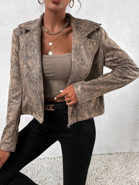 Free Returns ✓ Free Shipping On Orders $49+ ✓. Snakeskin Print Flap Pocket Zip Up PU Leather Moto Jacket- Women Jackets at SHEIN. Python Jacket, Snakeskin Jacket, Womens Moto Jacket, Women Jackets, Snakeskin Print, Leather Moto, Leather Moto Jacket, Print Jacket, Jacket Women