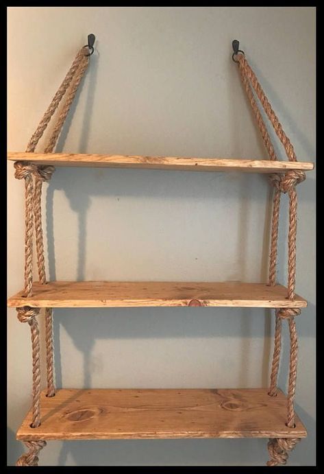 Dorm Shelves, Wood Plank Shelves, Embossed Tile, Diy Hanging Shelves, Shelves Wall, Rope Shelves, Rustic Bathrooms, Wood Bathroom, Distressed Wood