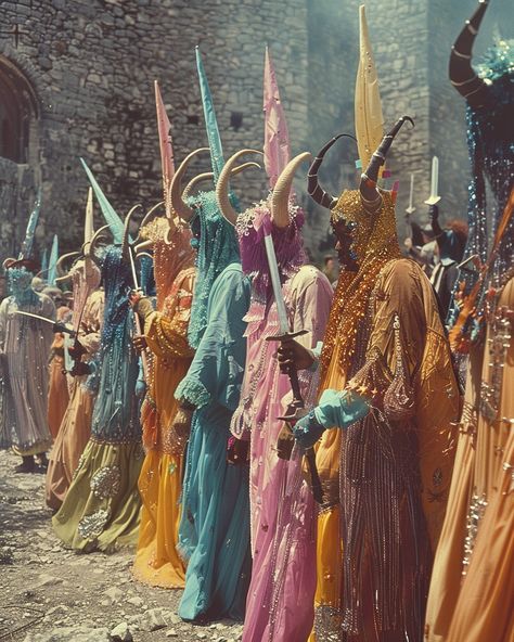 Festival of Horns . A riotous fête where merry folk don masks and horns , quaff hearty ale, and cast aside their inhibitions with gleeful abandon. Echoing with the mirth and merriment of liberated souls. . . . . . . . . . . . #retrofuturism #retrofuture #medival #festivalfashion #festival #horns Folk Witch Costume, Pagan Festival Outfit, Obscure Fashion, Folk Witch, Folk Horror, Pagan Festivals, Festival Aesthetic, Goddess Aesthetic, Theatre Masks