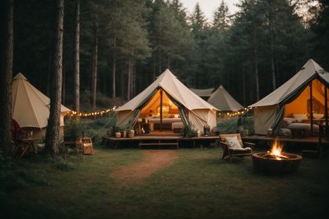 "Experience the magic of glamping in the heart of the forest. Escape to nature's embrace with our enchanting glamping retreat. Discover cozy tents, crackling campfires, and the soothing sounds of the wild. It's a forest getaway like no other! 🌲✨ #GlampingAdventures #ForestRetreat" Tents Camping Glamping, Tent Living, Tiny House Village, Bakery Design Interior, Forest Camp, Camping Inspiration, Glamping Resorts, Maximalist Design, Wilderness Lodge