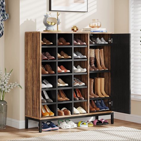 23-26 Pair Shoe Storage Cabinet with Adjustable Shelves, Freestanding Shoe Cubby Organizer for Hallway Closet Bedroom Industrial Shoe Cabinet, Closet Shoe Storage Ideas, Shoe Rack With Doors, Cubby Bed, Shoe Rack Door, Cubby Organizer, Wooden Shoe Cabinet, Shoe Organizer Entryway, Shoe Cubby