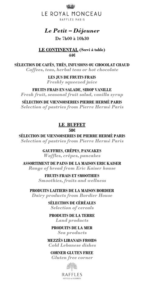 Petit déjeuner : tous les jours de 07h00 à 10h30 (44€ pour le Petit Déjeuner Continental, 58 € par personne pour le Buffet Royal). Sweet Factory, Menu Restaurant, Restaurant, Paris, Hotel, France