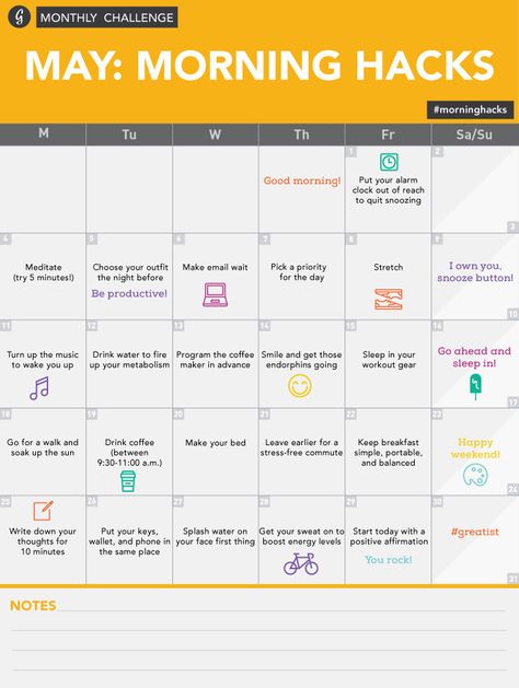 No matter if you're a night owl or an early bird, the way you start your morning has a huge impact on your day.  #morning #hacks #challenge http://greatist.com/discover/may-challenge-morninghacks-2015 Care Tasks, Morning Hacks, Productivity Challenge, May Challenge, Sun Morning, 31 Day Challenge, Monthly Challenge, Morning Morning, First Thing In The Morning