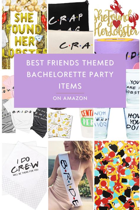 Throw the ultimate FRIENDS-themed bachelorette party with these amazing Amazon finds! From She Found Her Lobster banners to FRIENDS quote shot glasses and Central Perk disposable party supplies, this blog has all the inspiration you need for a night filled with laughter, nostalgia, and unforgettable memories. Don't miss out on these must-have items for an epic celebration with your favorite FRIENDS! #bacheloretteparty #FRIENDStheme #partyideas Friends Bachelorette Party Ideas, Friends Themed Hen Party, Friends Themed Bachelorette Party Ideas, She Found Her Lobster Bachelorette, Bachelorette Friends Theme, Bachelorette Party Friends Theme, Friends Bachelorette Party Theme, Friends Theme Bachelorette Party, Friends Theme Bachelorette