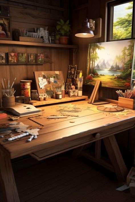 Cozy artist's workspace with a solid wood desk, basking in natural light, complete with creative tools and a puzzle in progress, offering a tranquil retreat for creativity | Cyber Vintage Wood Desk Setup, Artist Desk Setup, Artist Desk, Solid Wood Desk, Wood Desk, Desk Setup, Home Office Desks, Natural Light, Office Desk