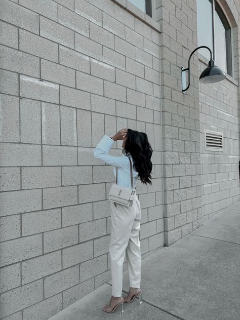 YSL bag, dress pants, button down shirt, work outfit, office outfit, clear heels, dress up outfits, zara pants, white shirt outfit, outfit inspo, outfit ideas, neutral aesthetic, office girly, easy outfits, workwear Neutral Aesthetic Office, Shirt Work Outfit, Clear Heels Outfit, White Shirt Outfit, Aesthetic Office, Outfit Office, Business Casual Outfit, Work Outfit Office, White Shirt Outfits