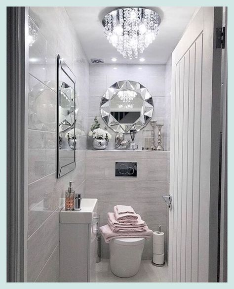 Small Glam Bathrooms, Small Glam Bathroom, Guest Washroom, Glam Bathroom Decor, Glam Wall Decor, Small Bathroom Mirrors, Glamorous Bathroom Decor, Glamorous Bathroom, Bathroom Chandelier