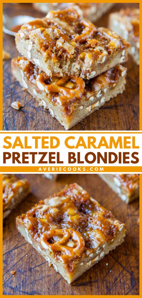 Salted Caramel Blondies Recipe, Pretzel Cookie Bars, Pretzel Blondies, Easy Blondies, Caramel Pretzel Cookies, Blondies Recipes, Salted Caramel Desserts, Salty Desserts, Pretzel Desserts