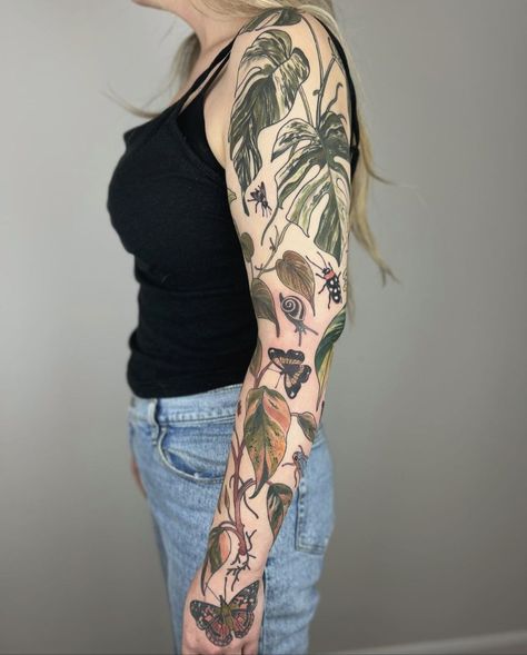 Houseplant Tattoo Sleeve, Houseplant Tattoos, Hoya Tattoo, Plants Tattoo Design, Forest Floor Tattoo, Plant Tattoo Sleeve, Houseplant Tattoo, Botanical Sleeve, Botanical Tattoo Sleeve