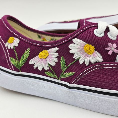 These hand embroidered vans are now for sale in our Etsy store as a customised order, or if you want to have a go yourself we also sell as a PDF pattern or a DIY Kit! #embroidery #embroideredshoes #pdfembroiderypattern #embroiderydesign #embroiderykit Embroidered Vans, Custom Shoes Diy, Shoes Diy, Embroidered Shoes, Diy Shoes, Diy Kit, Embroidery Kits, Custom Shoes, Canvas Shoes