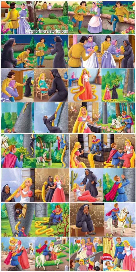 Classic Fairy Tales For Kids - Rapunzel Rapunzel Story, Witch Names, Short Moral Stories, Disney Princess Artwork, Fairy Stories, One Year Later, Rapunzel Hair, Evil Witch, Fairy Tales For Kids