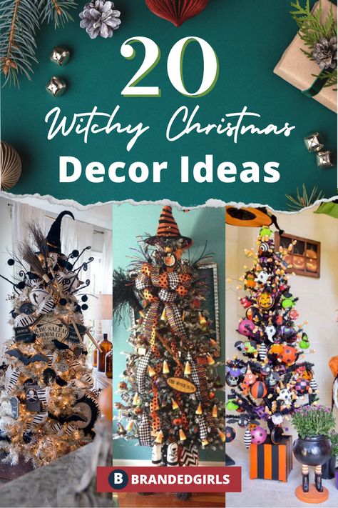 20 Witchy Christmas decor ideas for Christmas 2021 Witchy Christmas Tree Decorations, Witchy Christmas Tree, Witchy Christmas Decor, Coloured Fairy Lights, Decor Ideas For Christmas, Witchy Christmas, Trendy Christmas Decor, Halloween Movie Night, Giant Pumpkin