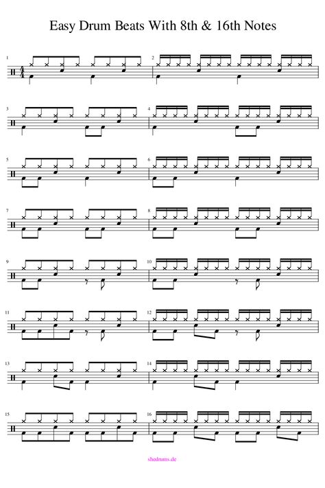 Drum Sheet Music Songs, Drum Notes Beginner, Easy Drum Beats, Drum Rudiments, Learn Drums, Drum Notes, Drum Beats, Play Drums, Drum Patterns