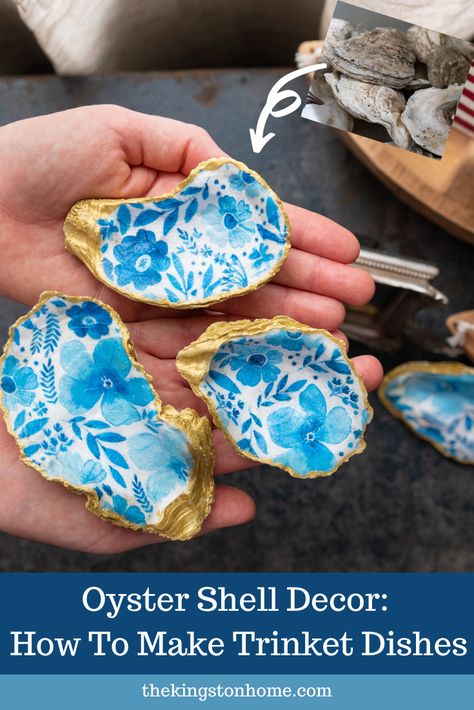 Oyster Shell Decor Hot To Make Trinket Dishes - The Kingston Home #crafts Diy Oyster Shell, Oyster Shells Decor, Decorative Paper Napkins, Shell Trinket Dish, Diy Dish, Oyster Shell Crafts, Diy Crafts For Teens, Diy Napkins, Diy Crafts For Adults