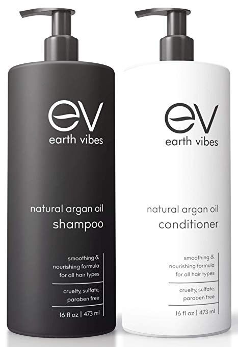 Amazon.com : Earth Vibes Organic Moroccan Argan Oil Shampoo & Conditioner Set - (2x 16oz /473mL) - Sulfate Free - Made With Jojoba Oil, Coconut Oil - Moisturizing - Repairs All Hair Types - For Men & Women : Beauty Earth Vibes, Tea Tree Oil Shampoo, Argan Oil Conditioner, Argan Shampoo, Argan Oil Hair Mask, Shampoo For Dry Scalp, Shampoo Packaging, Shampoo Design, Argan Oil Shampoo