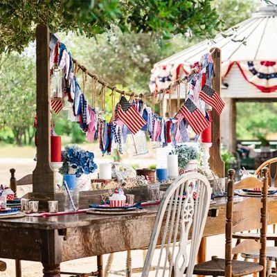 Farmhouse Tablescape, Vintage Inspired Room, American Flag Banner, Beaded Candle Holders, Wooden Centerpieces, Beaded Candle, American Farmhouse, Holiday Tablescapes, Traditional Farmhouse