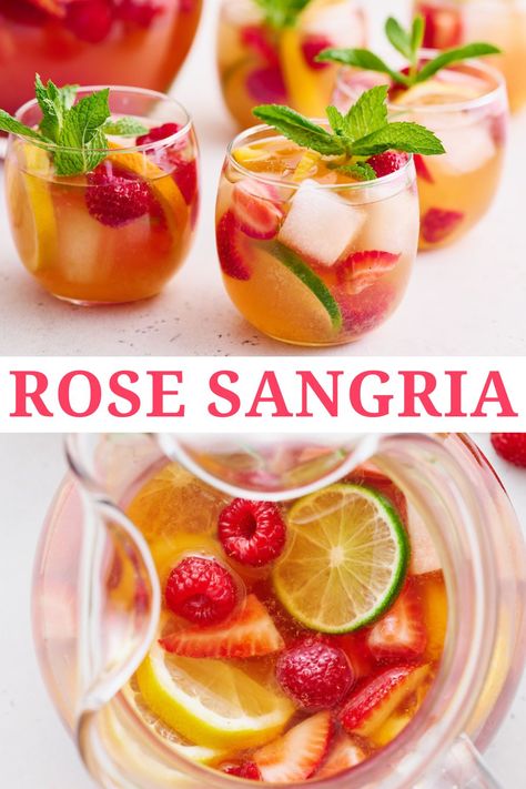 The best sangria recipe starts with rose wine and then tons of fresh fruit gets added! A must try summer cocktail recipe for anyone who loves rosé sangria! Sangria With Gin, Rose Sangria Recipes, Rose Sangria Recipes Easy, Sangria With Rose Wine, Rose Wine Sangria, Summer Sangria Recipes Rose, Strong Sangria Recipes, Moscato Sangria, Best Sangria Recipe