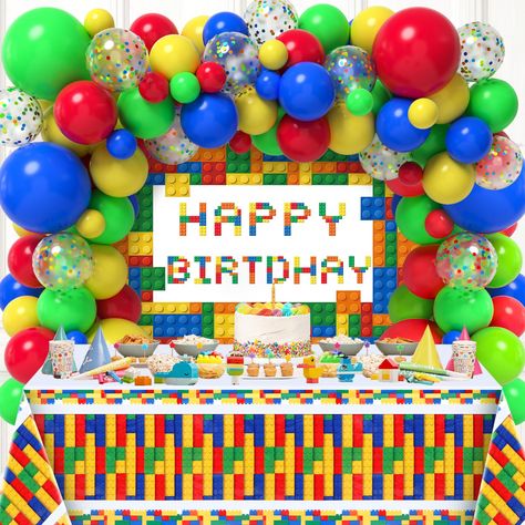 PRICES MAY VARY. COMPLETE BUILDING BLOCK PARTY SET - Our building block themed birthday party decorations set includes 100 latex balloons, 7 confetti balloons, a vibrant block-themed backdrop, and a matching tablecloth, plus 3 tools . The latex balloons in 3 sizes( 18", 10", 5") feature 4 colors, including red, blue, yellow, green. To create a memorable and immersive block theme celebration for your little builder! VIBRANT COLORS AND ICONIC BLOCK ELEMENTS - Get ready for a burst of color and pla Block Birthday Party, Lego Birthday Cake, Boy Birthday Decorations, Colorful Confetti, Lego Birthday Party, Lego Birthday, Lego Party, Colourful Balloons, Building For Kids