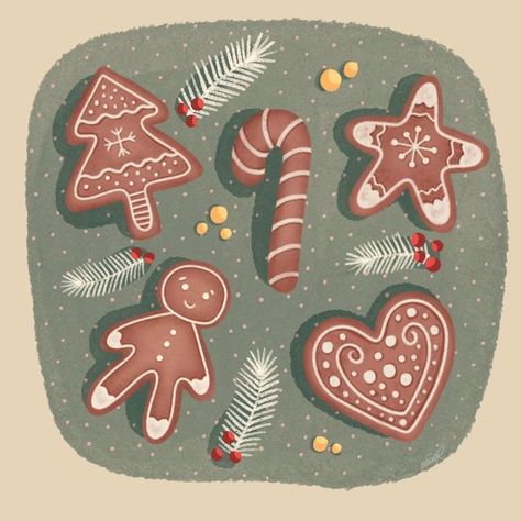 Christmas Cookie Art Drawing, Gingerbread Astethic, Christmas Gingerbread Aesthetic, Traditional Christmas Illustration, Ginger Bread Illustration, Christmas Baking Illustration, Christmas Cookie Drawing, Christmas Procreate Ideas, Christmas Cookie Illustration