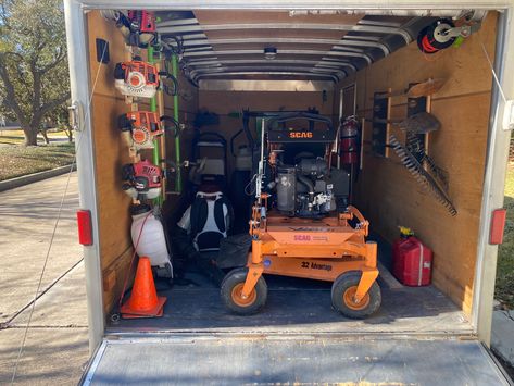 Enclosed Landscape Trailer Ideas, Landscape Trailer Ideas, Lawncare Equipment Storage, Lawncare Trailer Ideas, Lawn Care Trailer Setup Diy, Lawn Care Trailer Setup, Landscaping Trailer, Lawn Equipment Storage, Enclosed Trailer Ideas Tools