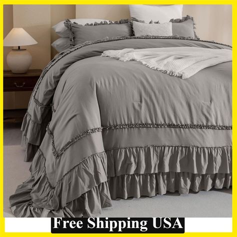 Grey King Comforter Set 128x120" Shabby Boho Chic Ruffle Bedding Comforter Large 【Ultra Soft Material】 vintage shabby farmhouse oversized king comforter is with latest stone washed process craft,ultra softer touch feeling than other similar and fluffy for all seasons. 【Farmhouse Ruffle Style】 grey ruffle bedding comforter is with 2-layer HANDMADE ruffle hems and solid grey bedding color, this gray ruffled oversize king plus comforter set will help you build an elegant house that full of vintage farmhouse looking. 【Expert Craftsmanship】Exquisite stitching makes shabby farmhouse oversized king size comforter set long-lasting,specially enhanced 16 cross,the whole-piece polyfill no shifting,no clumping,no concern of leakage or ripping. 【Ruffle Oversized King Plus Comforter Set Includes】1 grey/ Rustic Farmhouse Bedding, King Bed Comforter, Fun Bedroom Ideas, Vintage Comforter, Cal King Comforter, Oversized King Comforter, Bedding Color, Ruffle Comforter, French Country Bedding