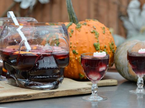 Spooky Lychee Sangria Recipe : Geoffrey Zakarian : Food Network - FoodNetwork.com Spooky Sangria, Lychee Sangria, Fall Party Treats, Geoffrey Zakarian Recipes, Chocolate Dirt, Halloween Party Recipes, Creepy Halloween Party, Lychee Juice, Geoffrey Zakarian