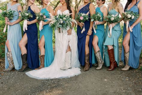 Wedding Cowboy Boots For Bridesmaids, Bridesmaids Cowboy Boots Long Dresses, Dusty Blue Bridesmaid Dresses With Cowboy Boots, Wedding Cowgirl Boots Bridesmaids, Barn Wedding Bridesmaid Dresses Cowboy Boots, Wedding Party Cowboy Boots, Western Maid Of Honor Dresses, Western Wedding Bridesmaids And Groomsmen, Western Wedding Bridesmaids Dresses With Boots