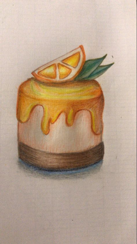 Cake Pencil Drawing, Food Sketch Easy, Color Pencil Drawing Easy, Drawings With Color, Drawing Dessert, Small Easy Drawings, Colored Sketches, Orange Drawing, Colored Pencil Artwork Ideas