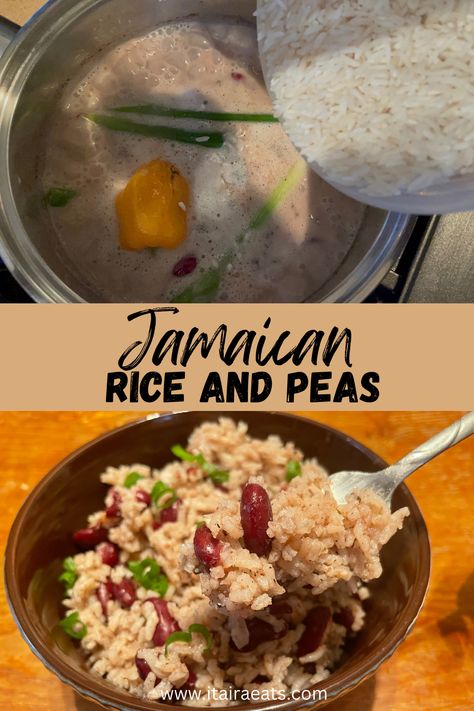 Jamaican rice and peas is a flavorful side dish that is served with classic Jamaican dishes like curry goat and Jamaican brown stew chicken. This rice and peas recipe is made easier by using canned beans instead of dry beans. I know that not using dried beans is going to be frowned upon by many because it isn't authentic rice, but the Jamaican flavors are there in a much shorter cooking time. Jamaican Rice And Peas With Canned Beans, Rice And Peas Jamaican Easy, Caribbean Rice And Beans, Rice And Peas Jamaican, Authentic Rice, Jamaican Brown Stew, Jamaican Rice And Peas, Jamaican Brown Stew Chicken, Caribbean Rice