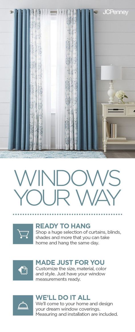 Windows are the statement pieces of your home. Floor-to-ceiling windows are dramatic all on their own, while smaller windows can be amped up to provide the same effect. Whether you have décor already in mind or you need help revamping your windows and window treatments, consider JCPenney when upgrading your home. With a large selection of curtains, blinds and shades, and window hardware, you’re sure to find draperies and coordinating curtain hardware that fits your space. Tenda Tutorial, Large Window Treatments, Window Treatments Living Room, Living Room Curtains, Living Room Decor Curtains, Room Curtains, Curtain Ideas, Trendy Living Rooms, Curtains Living