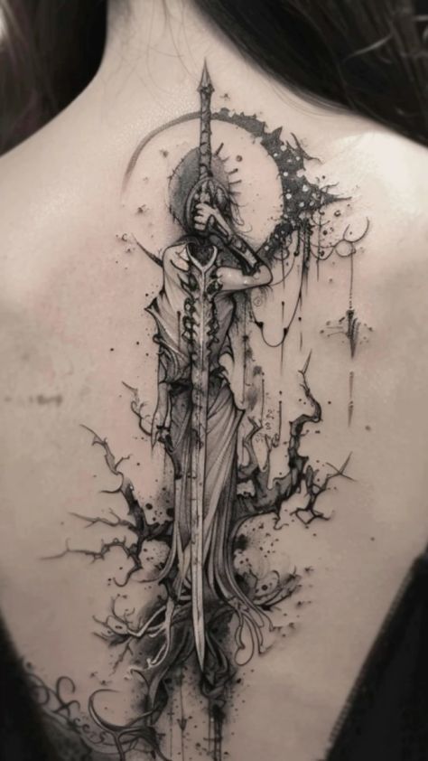 Tattoos Around Spine Tattoo, Spine Tattoos For Women Witchy, Large Spine Tattoo, Spooky Spine Tattoos For Women, Cross Back Tattoos For Women, Alternative Spine Tattoos, Creepy Spine Tattoos, Fantasy Spine Tattoo, Gothic Spine Tattoos For Women