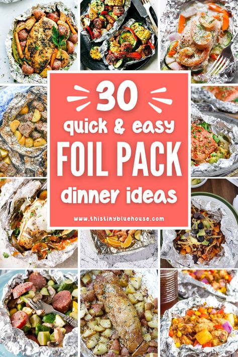 This collection of quick and easy dinner ideas are perfect any night of the week. These foil packet meals are simple to put together and taste great. With over 30 foil pack suppers to choose from we know you'll have a hard time picking just one to try! Simple Grilling Recipes, Foil Recipes, Grilled Foil Packets, Foil Packet Recipes, Foil Pack Recipes, Foil Meals, Chicken Foil Packets, Foil Pack Dinners, Foil Packet Dinners