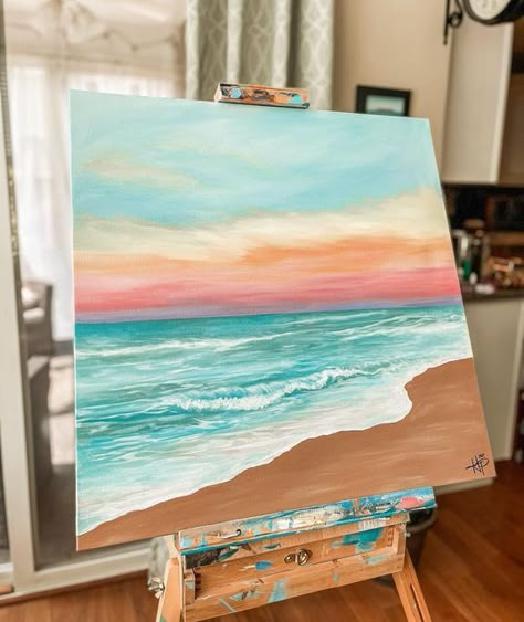 Beach Aesthetic Canvas Painting, Canvas Summer Painting Ideas, Sunset And Ocean Painting, Ocean View Painting, Summer Beach Painting, Cute Beach Paintings, Beach Paintings On Canvas Acrylics, Painting Ideas On Canvas Sea, Ocean Aesthetic Painting